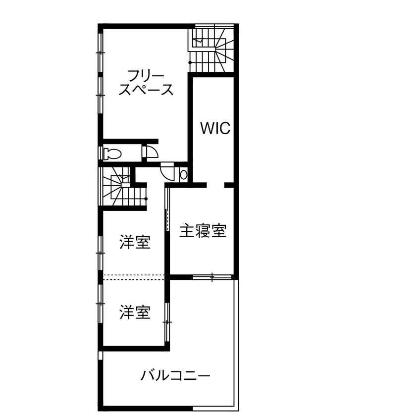 住空間設計Labo 【3000万円台・間取り図・大東市】ウッドデッキでおうちカフェ、音楽、ネコ…。夫婦で「好き」を愉しむ家の間取り図（3LDK+フリースペース）2階