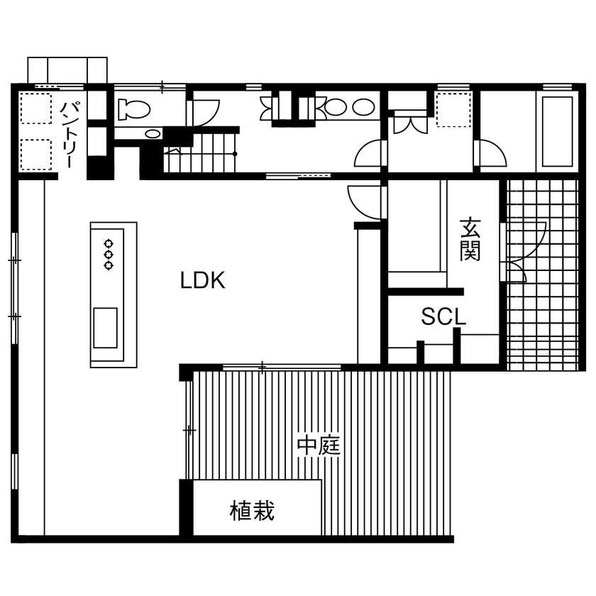 住空間設計Labo 【3000万円台・間取り図・明石市】子どもの遊び場、おうちワインバー…、昼も夜も毎日使える中庭のある家の間取り図（3LDK）1階