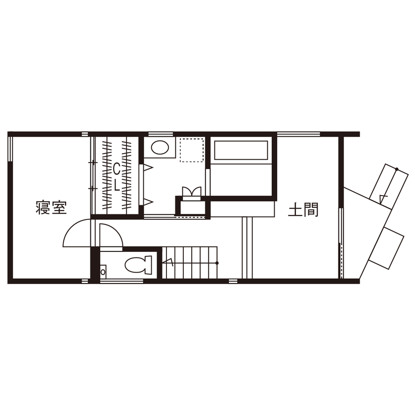 住空間設計Labo 【狭小20坪・2000万円台・間取り図・神戸市】庭木の潤いを感じながら過ごすアウトドアリビングのある家の間取り図（1LDK）1階