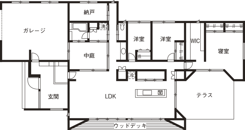 NOA HOME 中庭もガレージも全てカタチに！ 高台に建つ51坪サーファーズハウスの間取り図（3LDK）1F