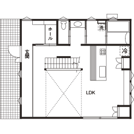 NOA HOME のびのび育て！願いを込めて。家族の時間を特別にする吹き抜けリビング《家族4人／33.5坪》の間取り図（3LDK）1階