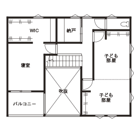 NOA HOME のびのび育て！願いを込めて。家族の時間を特別にする吹き抜けリビング《家族4人／33.5坪》の間取り図（3LDK）2階