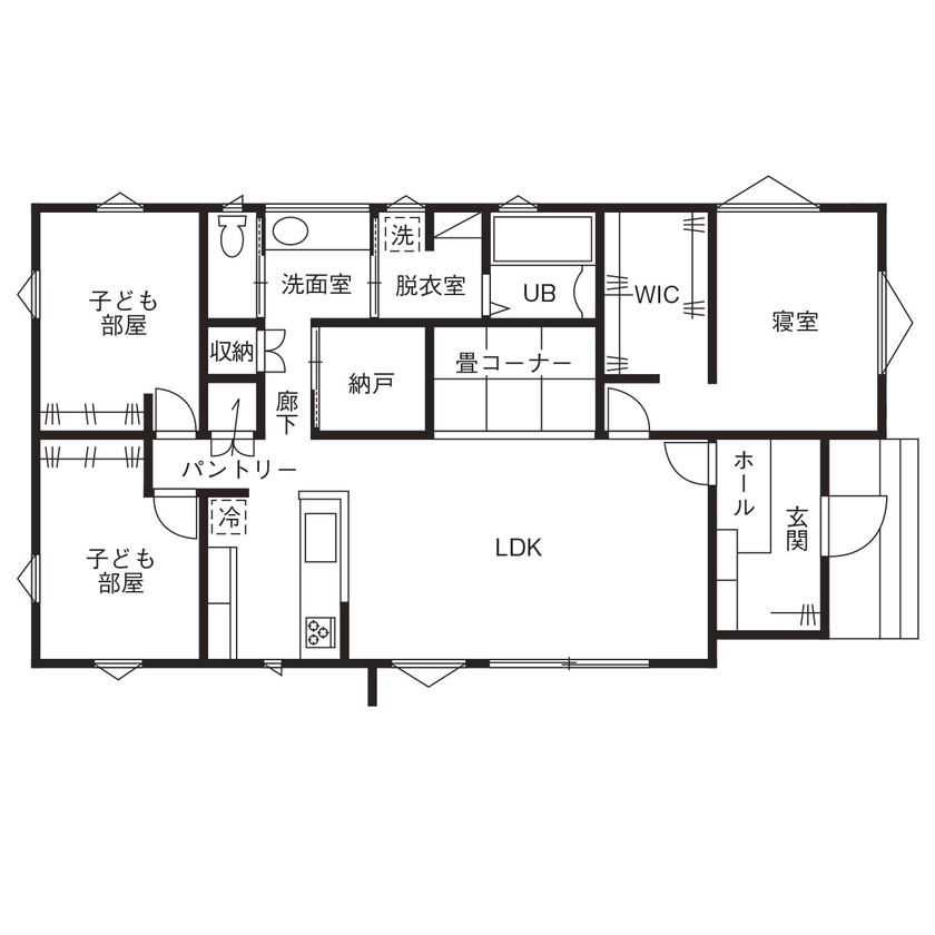 NOA HOME キッチンは好きな映画をイメージ。「好き」を具現化して叶えた、おうち時間を彩る28坪平屋の住まいの間取り図（3LDK）1階