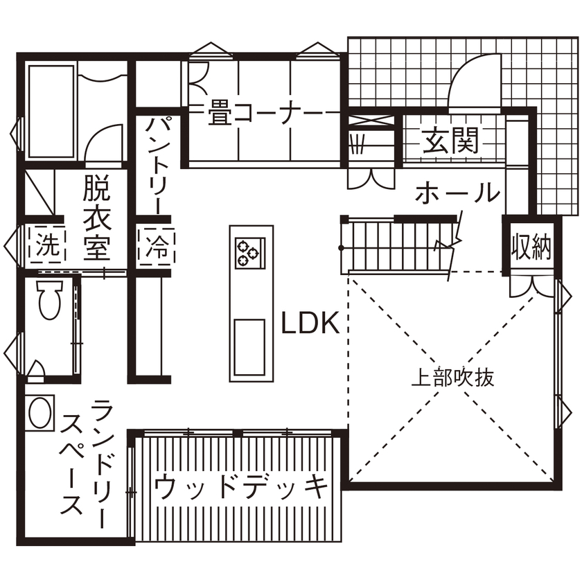 NOA HOME ダイニングでお酒を愉しむひとときに安らぐ…。暮らしの中で「好き」を身近に感じる34坪の住まいの間取り図（3LDK）1階