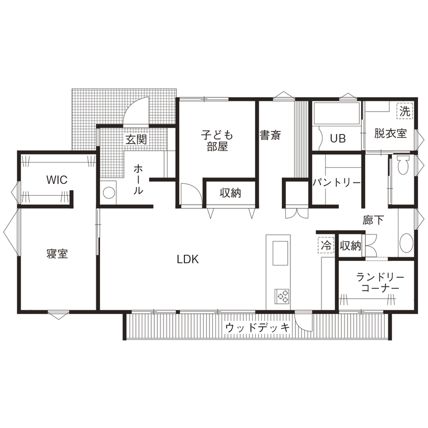 NOA HOME 巧みな素材使いで、理想の住まいをカタチに。シンプルな間取りで暮らしやすとカッコよさを叶えた27坪の平屋の間取り図（3LDK）1階