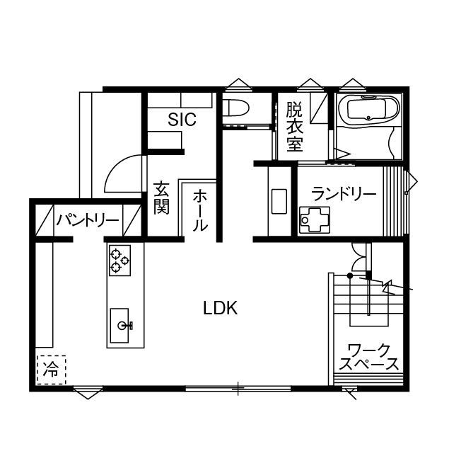 NOA HOME 【スキップフロア/高気密高断熱/延床31坪】家族の時間も趣味の時間も充実。「好き」と「楽しい」を叶えた家の間取り図（２LDK＋納戸）1階