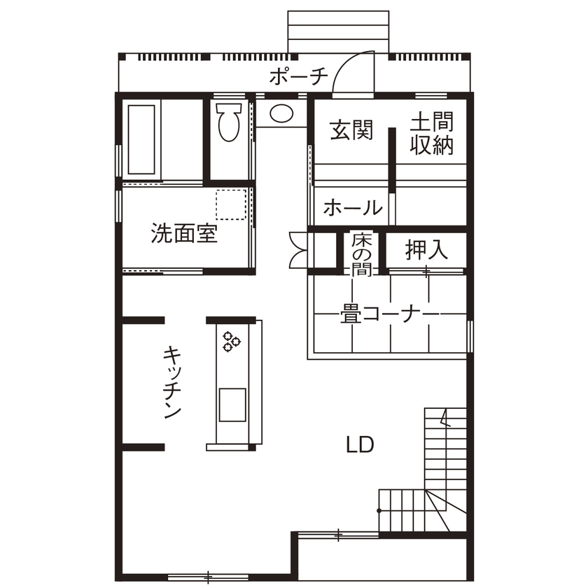 キミドリ建築 【2000万円台/30坪台/無垢材/間取り有】自然の造形で生まれる美しさ。枝付き大黒柱のある木の住まいの間取り図（3LDK＋フリールーム）1階