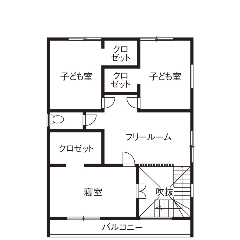 キミドリ建築 【2000万円台/30坪台/無垢材/間取り有】自然の造形で生まれる美しさ。枝付き大黒柱のある木の住まいの間取り図（3LDK＋フリールーム）2階