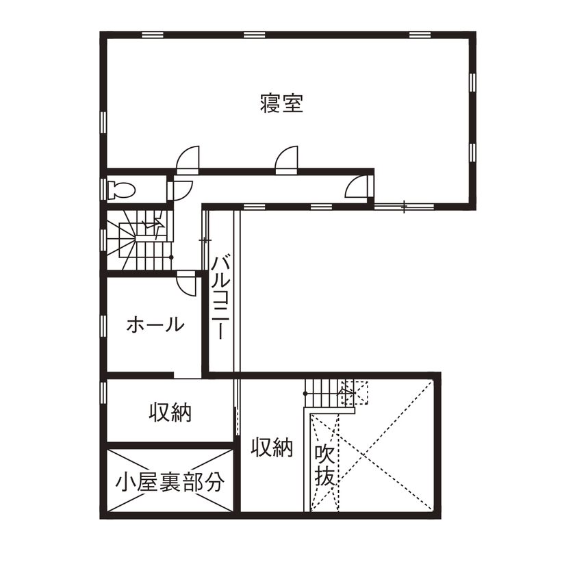 キミドリ建築 【3000万円台/40坪台/自然素材/間取り有】グラフィックデザイナーのアトリエを併設したナチュラルな住まいの間取り図（2LDK+アトリエ）2階