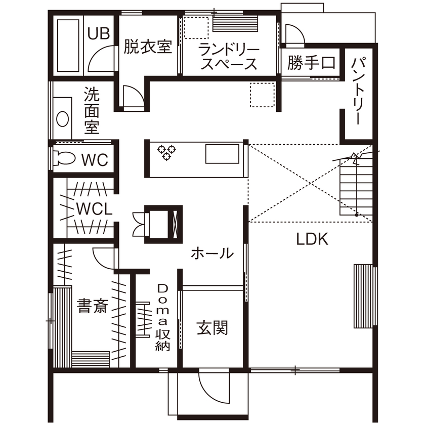 華建築 【2000万円台後半|36坪|平屋＋α|間取り図有】勾配天井で開放感を生み出した、回遊動線の快適な家の間取り図（4LDK）1階