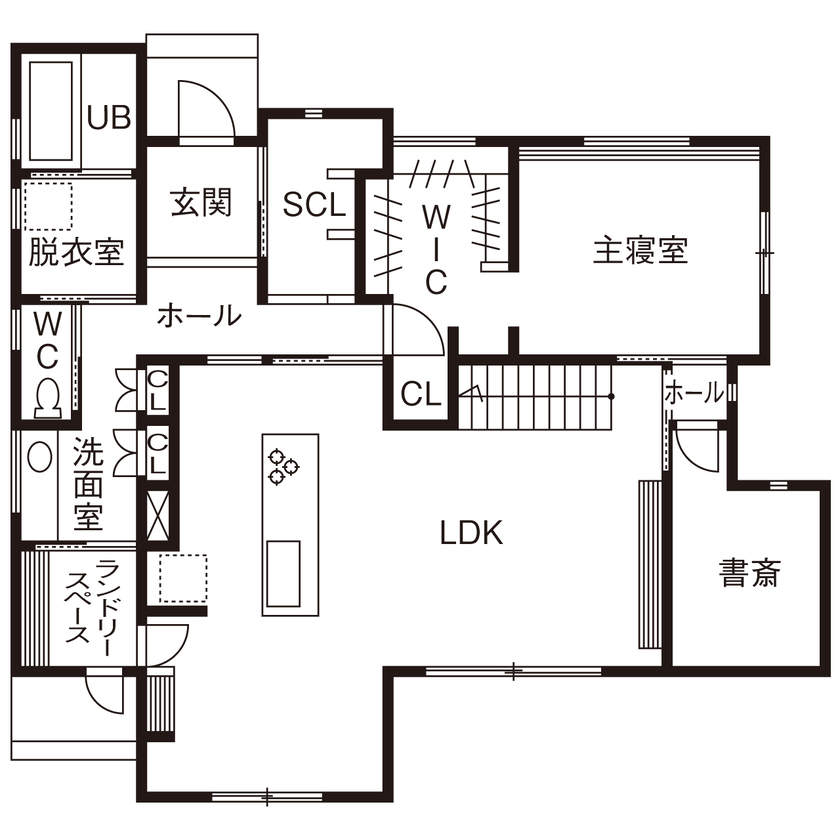 華建築 【3000万円台前半|37坪|平屋＋α|間取り図有】主寝室を１階にして快適生活を叶えたモダンデザインの家の間取り図（3LDK）1階