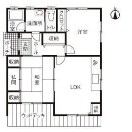 アッシュホーム 【間取り図】夏は涼しく冬は暖かい。16.5坪コンパクトな2人の住まいの「平屋住宅」を、1000万円以下で実現!の間取り図（2LDK）1階