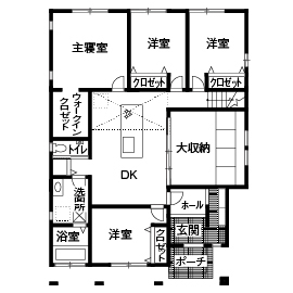アッシュホーム 【愛知県/1000万円台/間取り図】大収納3層構造、吹抜けで繋がる平屋。生活にメリハリが生まれた暮らし実例の間取り図（4LDK+平屋大収納）1階