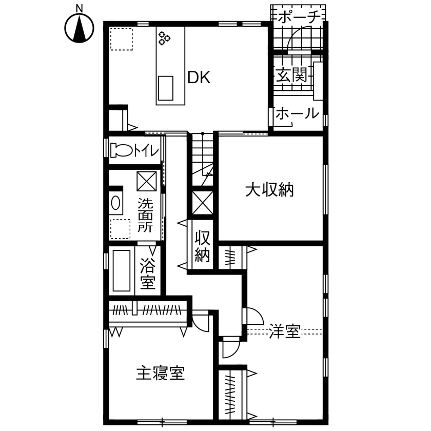 アッシュホーム 【愛知県/1000万円台/間取り図】太陽光発電＆オール電化で災害時も安心。大収納も備えた1.5階建て平屋実例の間取り図（3LDK＋大収納＋ロフト）1階