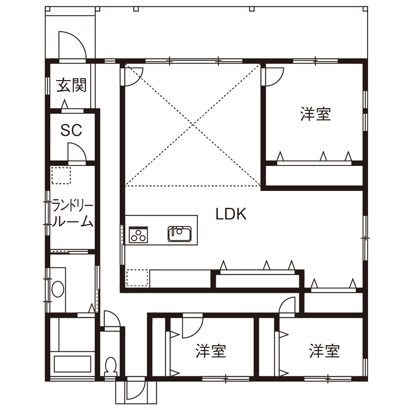 アートハウス 【奈良/平屋/2000万円台/間取り有】ラップサイディングにカバードポーチのカリフォルニアスタイルのお家の間取り図（3LDK）1階