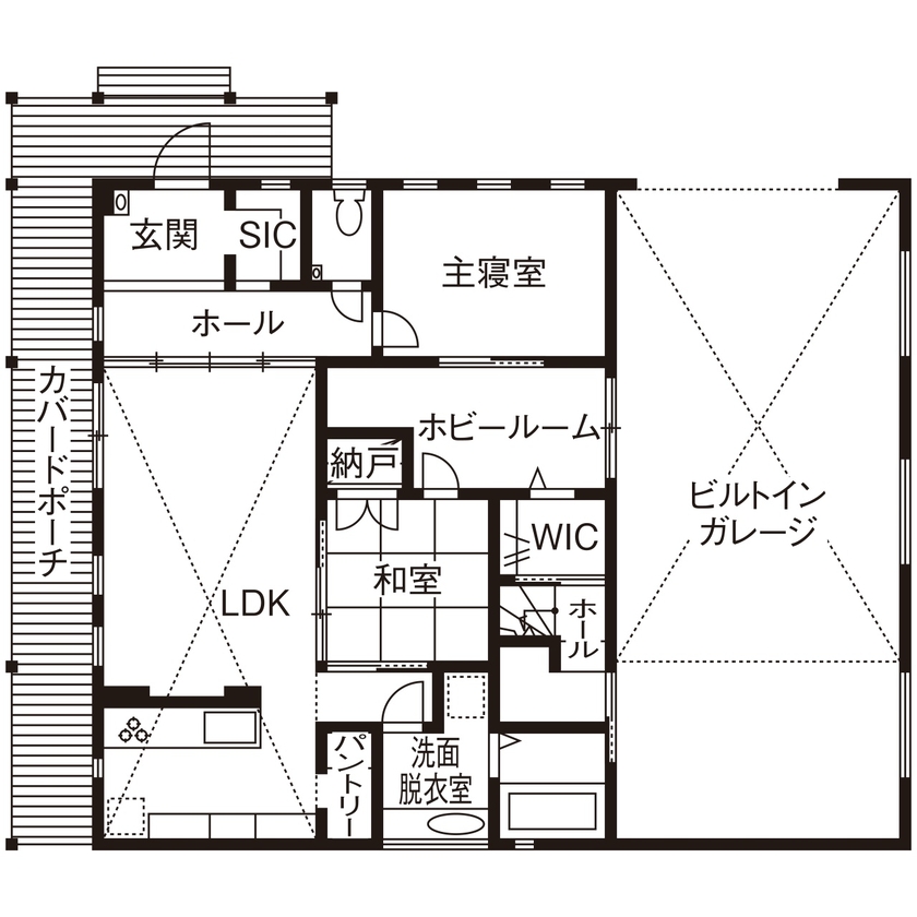 ワクワクプロジェクト／三光ホーム 【3000万円台/43.7坪/間取り有】バイク乗り夫婦が叶えた10台以上の愛車を格納するアメリカンガレージハウスの間取り図（2LDK）1階