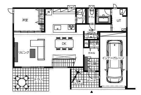 ファインホーム 【北欧モダン】がテーマ　キッチンが主役の雰囲気あふれる住まいの間取り図（3LDK）1階