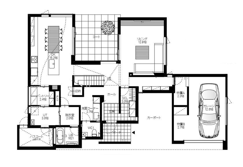 ファインホーム 【ビルトインガレージ｜オリジナルキッチン｜吹き抜け｜中庭】素材も性能もこだわり抜いた、上質な住まいの間取り図（4LDK）1階