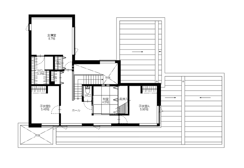 ファインホーム 【ビルトインガレージ｜オリジナルキッチン｜吹き抜け｜中庭】素材も性能もこだわり抜いた、上質な住まいの間取り図（4LDK）2階