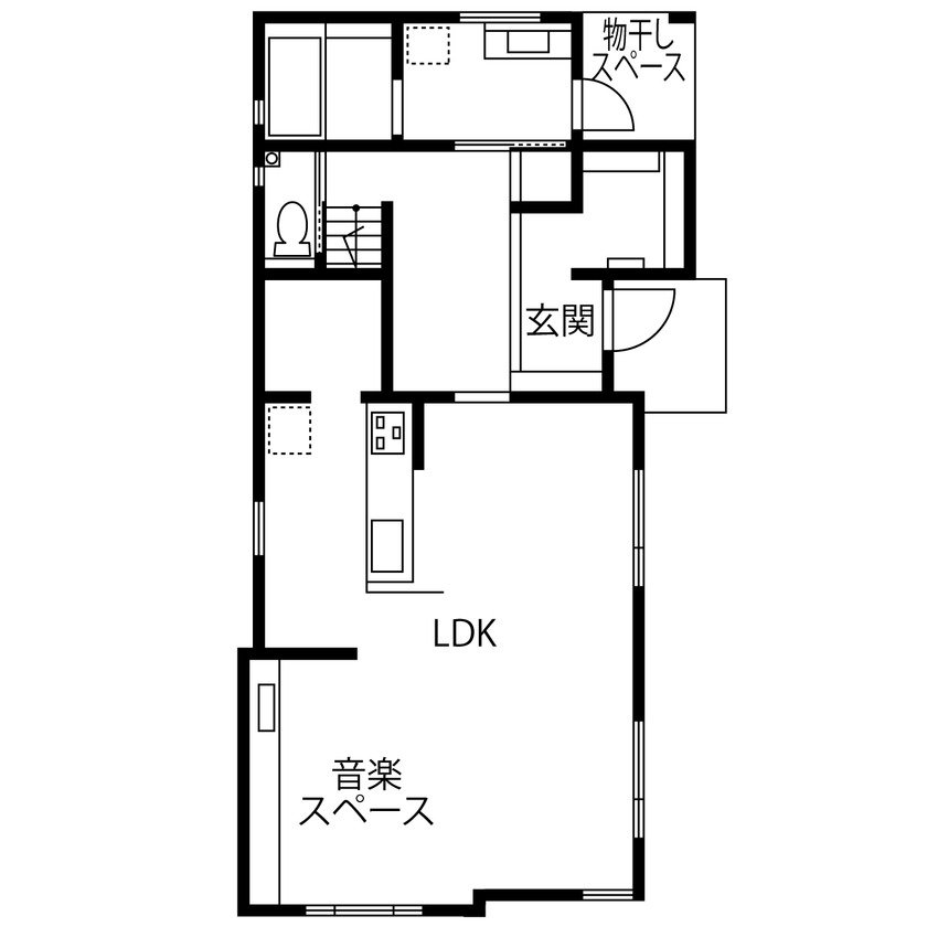 ハナハウス 【交野市／2300万円】趣味のJAZZが楽しめる、ミッドセンチュリーテイストの家［間取り図］の間取り図（３LDK＋音楽スペース）1階