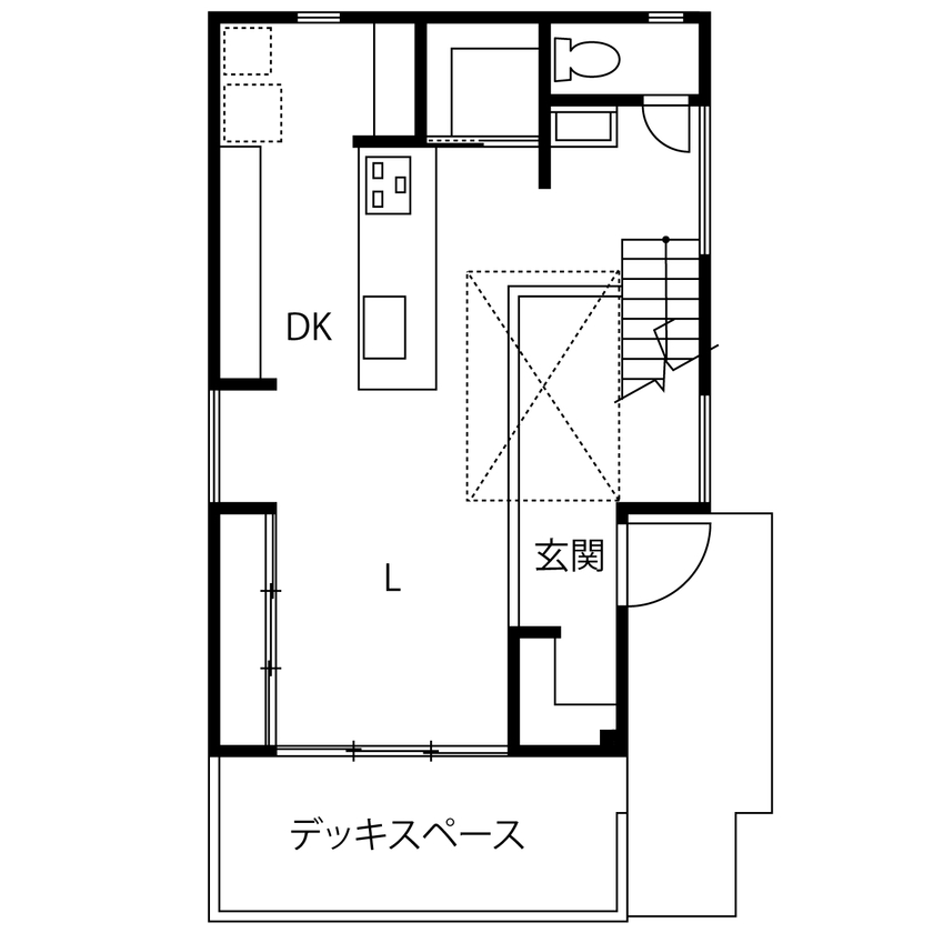 ハナハウス 【堺市／1950万円】土間スペースとLDKが一体化！27.5坪と狭小で限られた敷地を有効活用［間取り図有］の間取り図（2LDK）1階