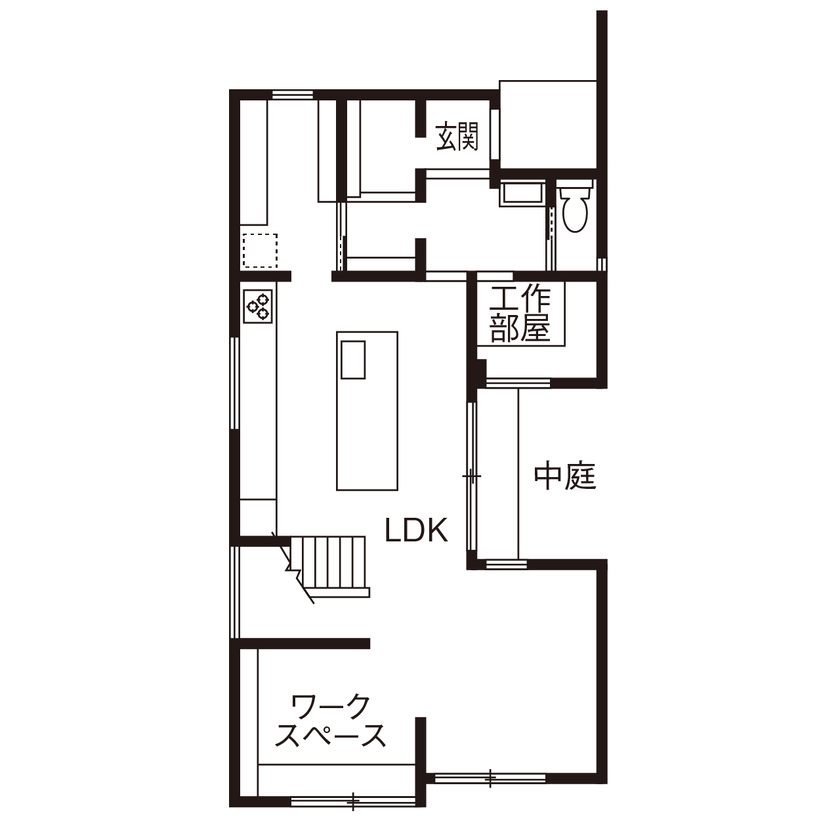 ハナハウス 【大阪府堺市／2750万円／延床面積37.9坪】パンが作れるキッチンや工作部屋のあるレトロモダンな家の間取り図（3LDK＋書斎＋工作部屋）1階
