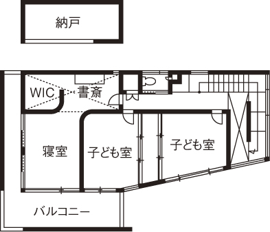 KADeL 【3000万円台/奈良県/間取り図有】「とおり庭の家」　自然と共存　遊びと寛ぎが融合したリゾートのような家の間取り図（4LDK）2階
