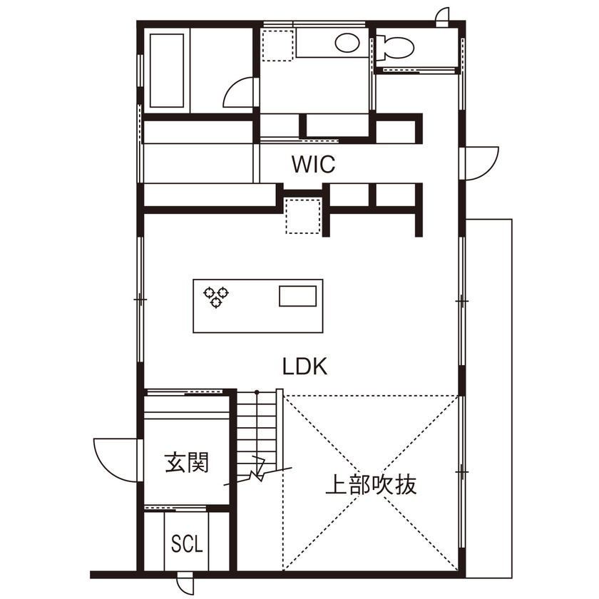 KADeL 【3500万円/兵庫県/間取り有】吹き抜けのダウンリビングにアイランドキッチン、光や風と暮らす淡路島の家の間取り図（2LDK）1階