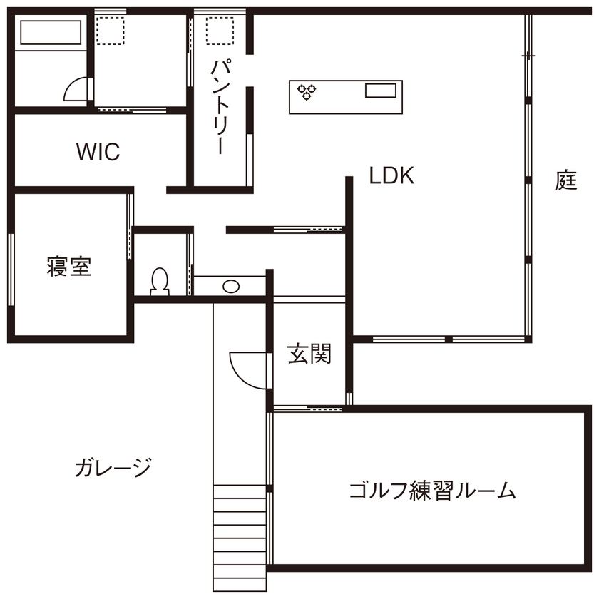 KADeL 【平屋/大阪府/3000万円台】窓の配置と庇の出で光をコントロール。凛とした美しさを纏った「大阪の平屋」の間取り図（1LDK＋ゴルフルーム）1階