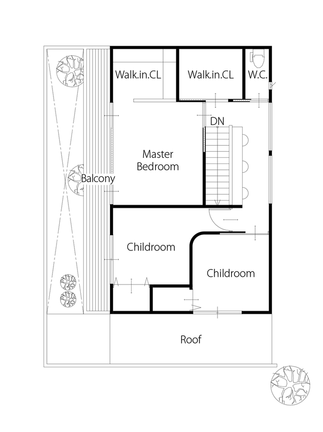 KADeL 【3000万円台/奈良県/間取り図有】「A型スリットの家」 光と風を誘い込むカーテンのいらない中庭の家の間取り図（4LDK）2階