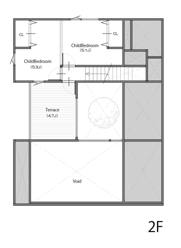 KADeL 【3000万円台/兵庫県/間取り図有】「囲む家」中庭を囲み開放感とプライバシーを両立　外に閉じて内に開く家の間取り図（3LDK）２階