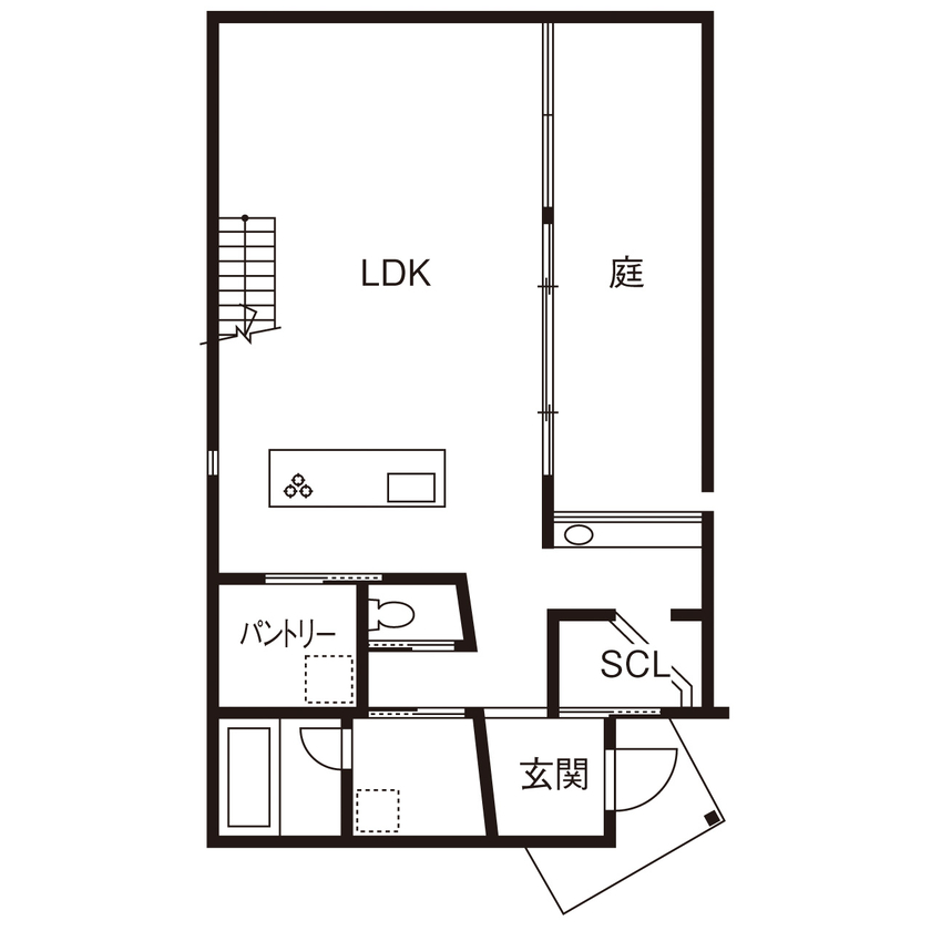 KADeL 【大阪府/間取り有】ミニマルを追求した非日常空間。室内と庭が緩やかに繋がる「猫と暮らす家」の間取り図（2LDK）1階