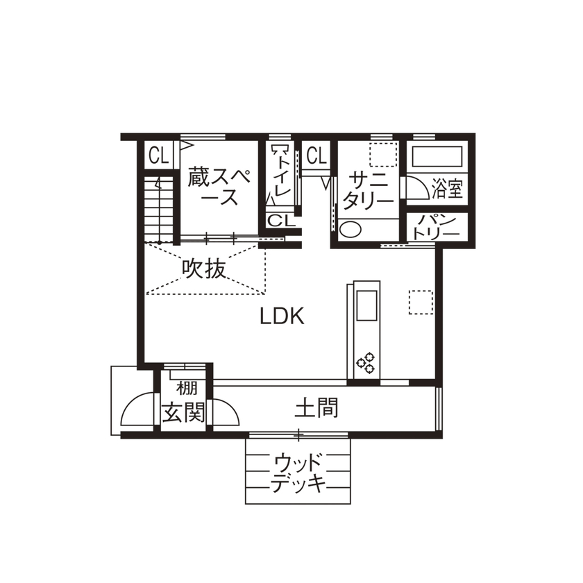 ink collaborate with niko and ...  【2000万円台前半／カフェ風／土間】開放的なLDK、中2階、小屋裏スペース…。理想を叶えるアイデア満載の家の間取り図（2LDK）１階