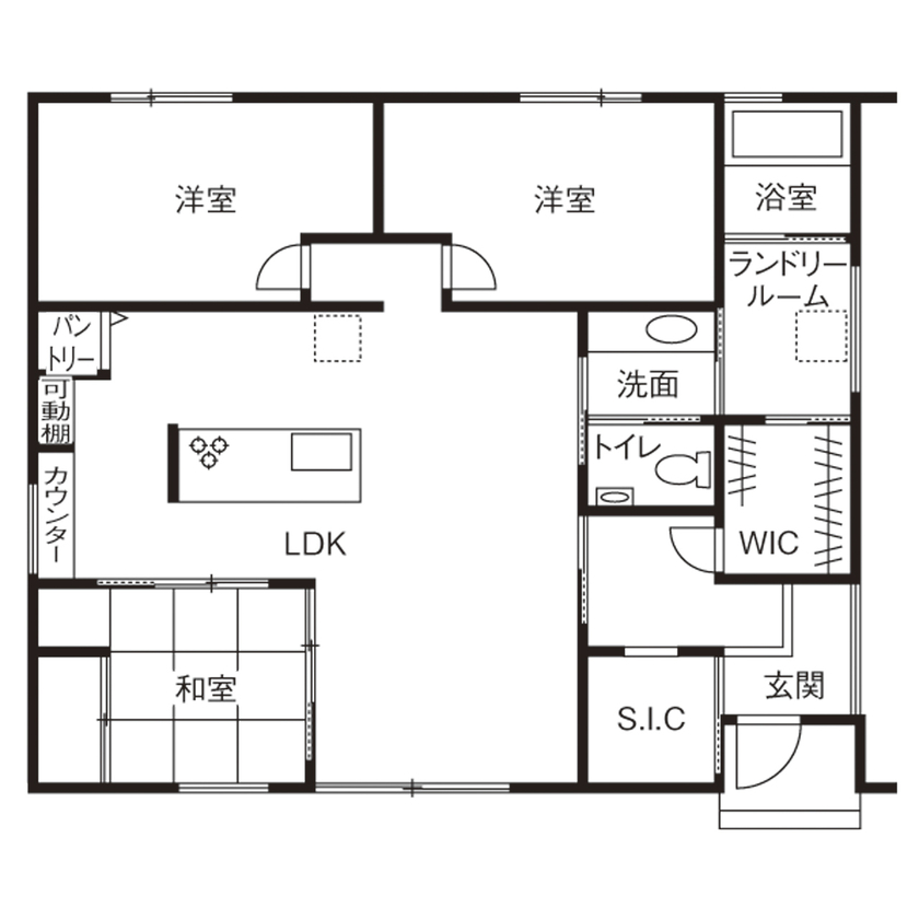 ink collaborate with niko and ...  【平屋・間取り図あり】ブラックウォールナットの色と質感がお気に入り。キッチンを中心にした快適な平屋の間取り図（3LDK）１階
