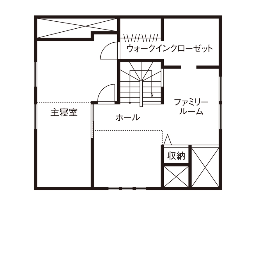 スウェーデンハウス ウッドデッキ、土間玄関、リビングが繋がる開放感いっぱいの家の間取り図（1LDK）2階