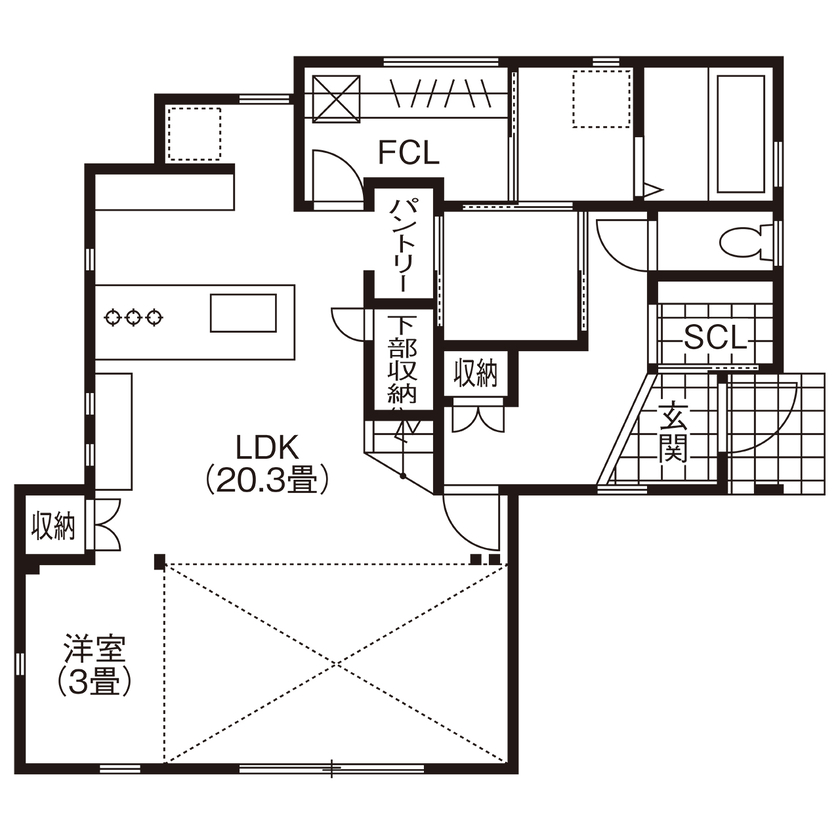 紀州国土建設 【和歌山県/2000万円台/間取り図有】ロフトをセカンドリビングに。家族時間が自然と生まれる動線設計の間取り図（4LDK）1階