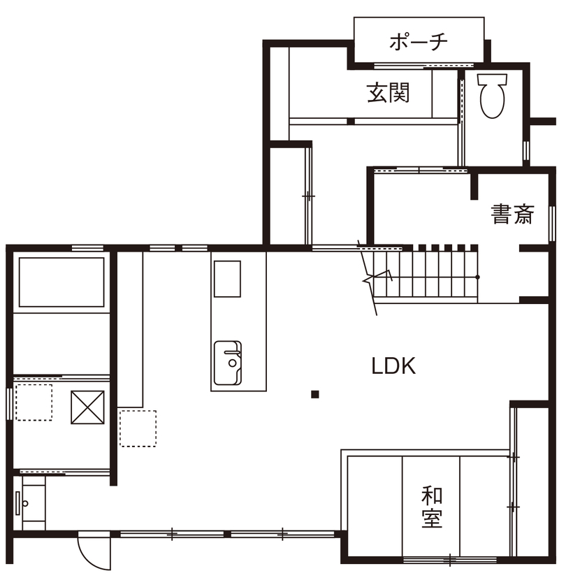 紀州国土建設 【大阪府/2500万円台/間取り図あり】落ち着き漂う和モダンな住まい。吹抜けとストリップ階段が家族をつなぐの間取り図（3LDK）1階