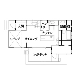 タウンズホーム 【2800万円/32坪/間取り図】薪ストーブと煙突がある自然素材の家。土間とウッドデッキがつながる開放空間の間取り図（3LDK）1階