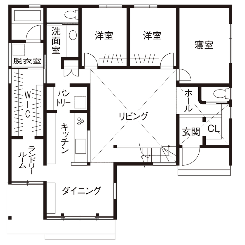 タウンズホーム 【3000万円台/延床30.9坪/自然素材】真冬でも暖かく家事もラクにできる、スタイリッシュな平屋の住まいの間取り図（3LDK+ロフト）1階