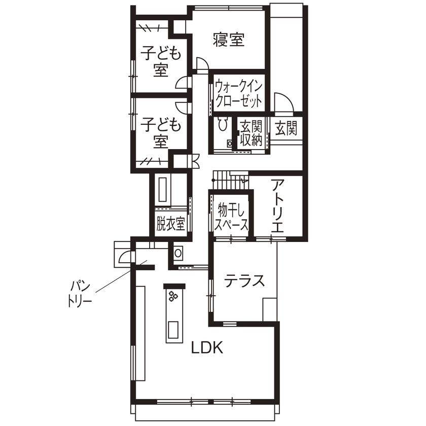 NOZOMI HOME 【高山市｜平屋×スキップフロア｜間取り有】ポイントはテラスの位置。縦長の敷地を活かしたモダンな平屋の間取り図（3LDK＋書斎＋アトリエ）１階