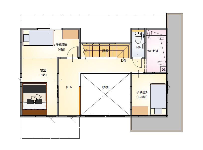東宝ホーム 自由設計だから実現できたヌックや趣味室。暮らしを愉しむ空間がちりばめられた大満足の我が家。の間取り図（3LDK）2階