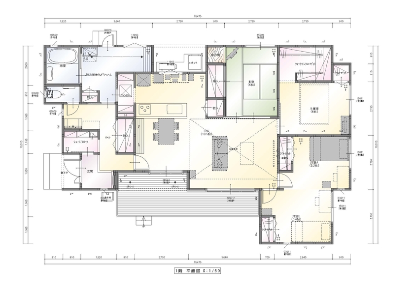 東宝ホーム 【平屋/開放感/勾配天井】回遊できる家事動線がある開放感いっぱいの平屋（2000万円台後半）の間取り図（4LDK）１階