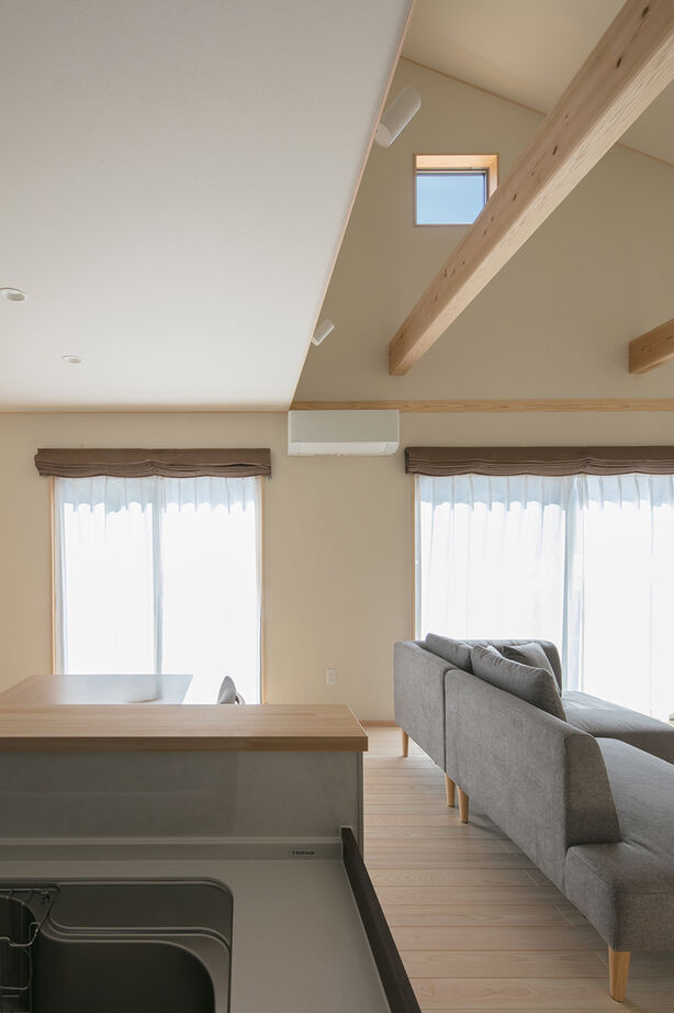 La prochaine HOME（ラ・プロシエンホーム）by新和建設 【岐阜県/2000万円台/自然素材/平屋】ロフトのある勾配天井のリビング。5人家族がゆったり暮らす4LDKの建築実例画像7
