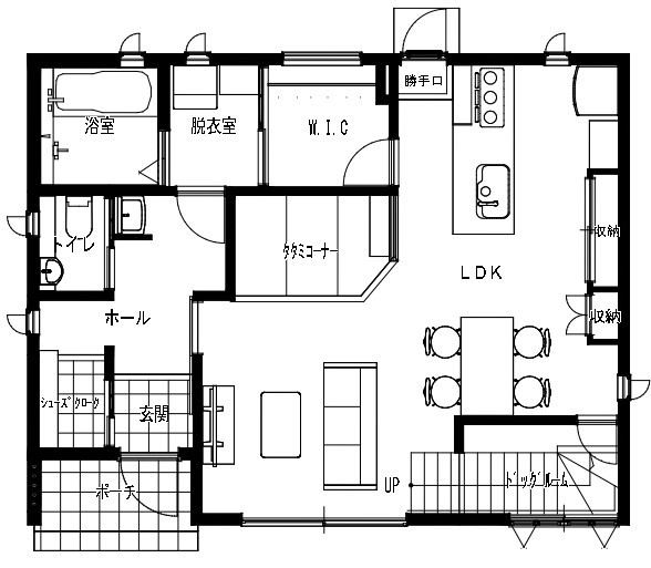 アイアールホーム 【図面有り/35坪/ドッグルーム/独立洗面】家族とペットがそれぞれのスペースでくつろげる　自由設計の家の間取り図（３LDK+ドッグルーム）１階