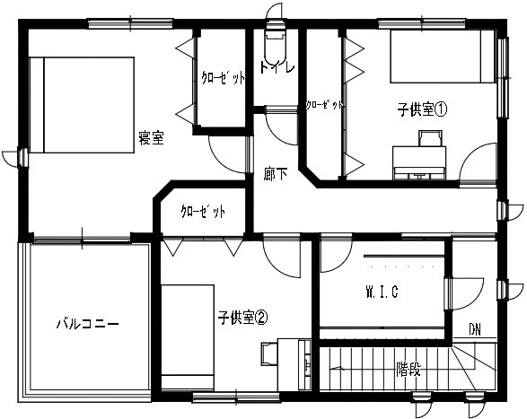 アイアールホーム 【図面有り/35坪/ドッグルーム/独立洗面】家族とペットがそれぞれのスペースでくつろげる　自由設計の家の間取り図（３LDK+ドッグルーム）2階
