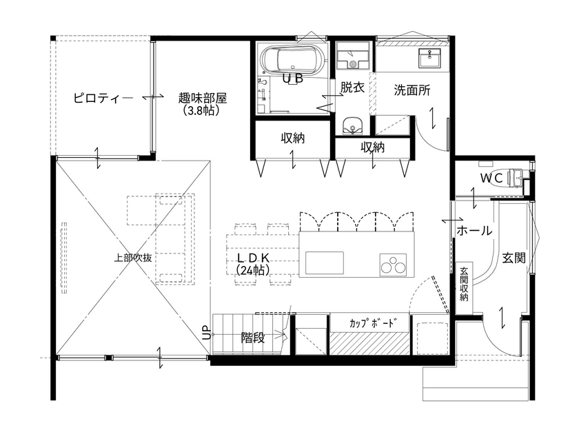 タイコーアーキテクト 【3667万円/間取り図あり/2階建/30坪台】リゾートホテルのような上質な空間に仕上げたパッシブデザイン住宅の間取り図（3LDK）1階