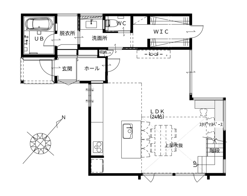 タイコーアーキテクト 【2603万円/間取り図あり/2階建/30坪台】借景が素晴らしい！木の風合いを活かしたパッシブデザインハウスの間取り図（3LDK）1階