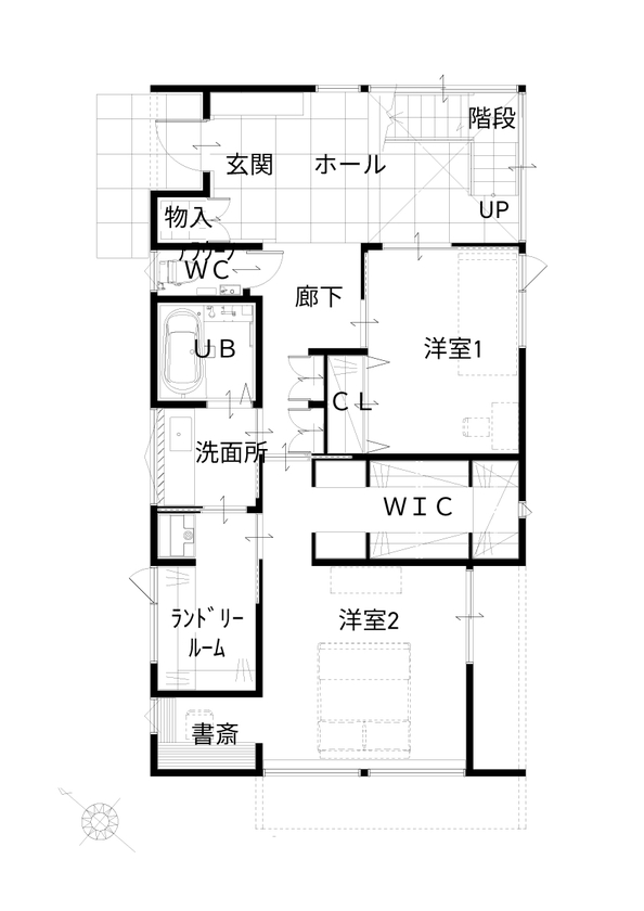 タイコーアーキテクト 【3500万円/間取り図あり/30坪台】勾配天井で2階LDKでも開放感のあるオシャレなパッシブデザインハウスの間取り図（2LDK）1階