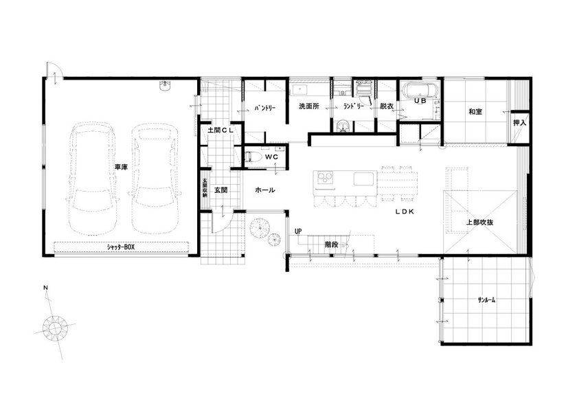 タイコーアーキテクト 【4925万円/間取り図あり/70坪台】2台駐車可能！日当たり＆開放感抜群のビルトインガレージハウスの間取り図（4LDK）1階