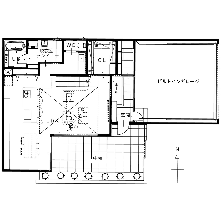 タイコーアーキテクト 【5114万円/間取り図あり/70坪台】2台駐車可能！緑豊かな中庭・バルコニーのあるインナーガレージハウスの間取り図（4LDK）1階
